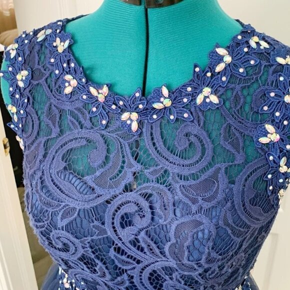 Homecoming Prom Party Beaded Lace Rhinestone Tulle Skater Dress - Picture 4 of 14